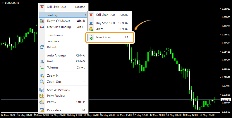 screen showing the new order function in MetaTrader 5