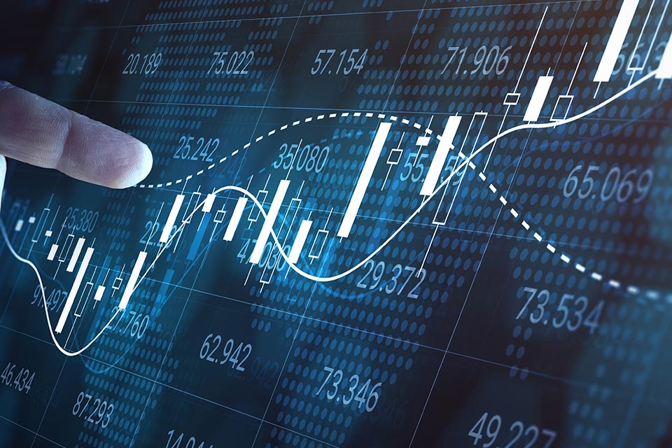 financial chart displaying candlestick patterns and moving average curves