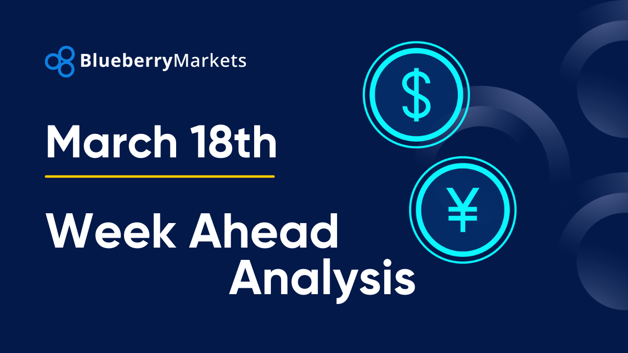 Forex Week Ahead Analysis: 18th March 2025 — promotional graphic from Blueberry Markets for "Week Ahead Analysis" dated March 18th, featuring charts and key trading elements.