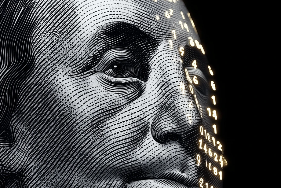 a stylized, futuristic humanoid figure with a glowing, data-driven face resembling a stock chart