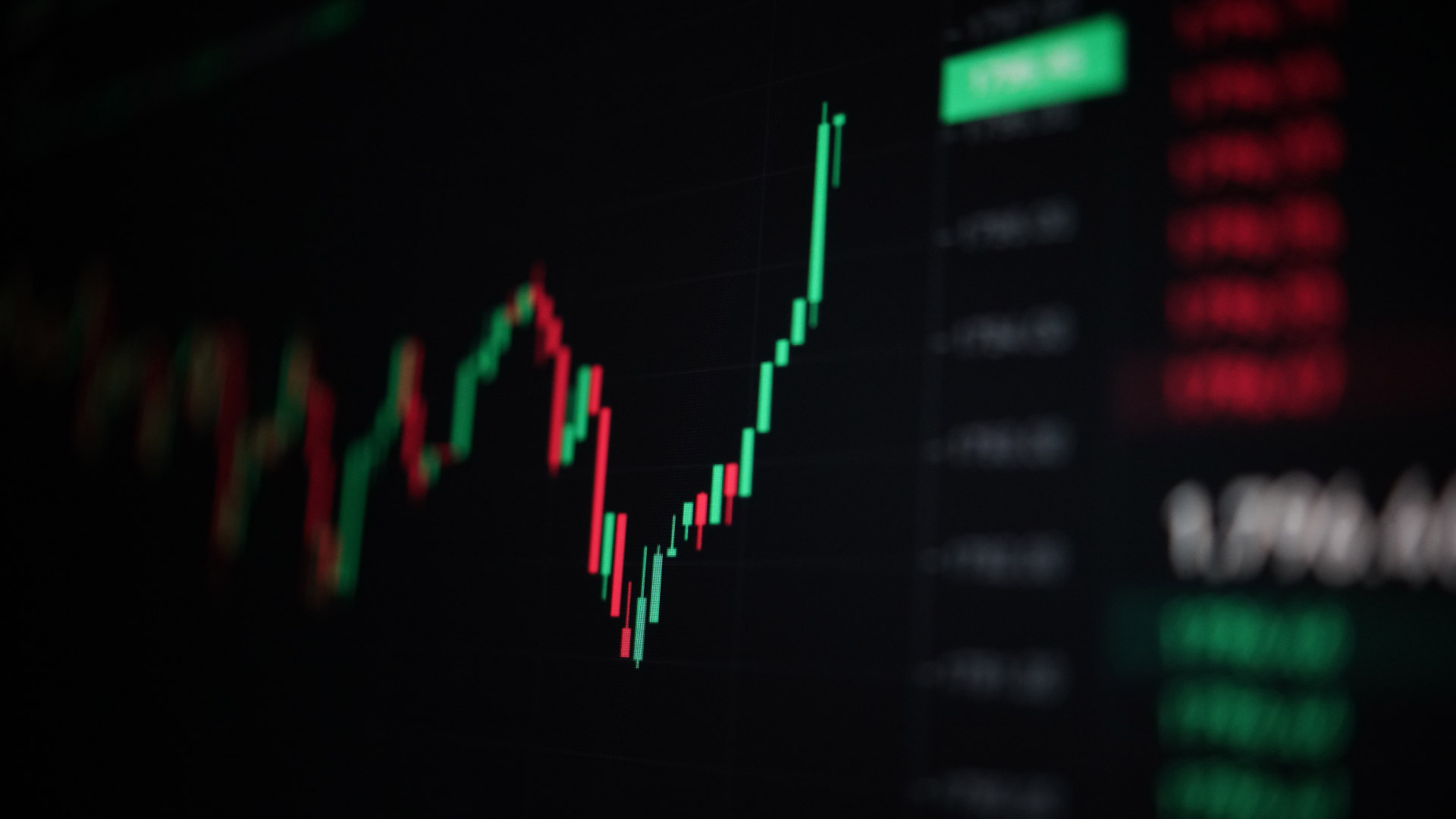 a financial trading chart with green and red candlestick patterns