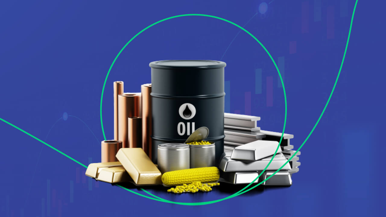 A barrel of oil, gold bars, and silver bars arranged together, representing "How to Trade Commodities: A Complete Guide."