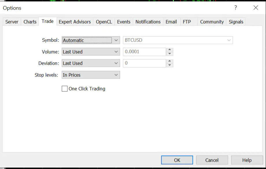 MetaTrader 'Options' window displaying trade settings and the checkbox to enable One Click Trading