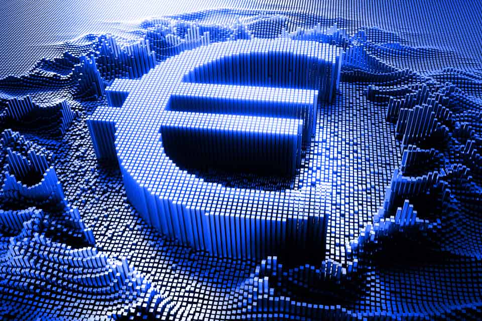 A 3D digital representation of the Euro currency constructed from blue illuminated cubes, illustrating the concept of Forex Week Ahead Analysis: 24th February.