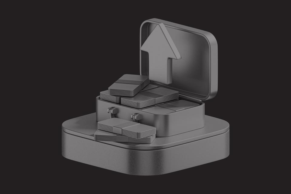 illustration of a financial concept showing stacks of currency notes inside a suitcase