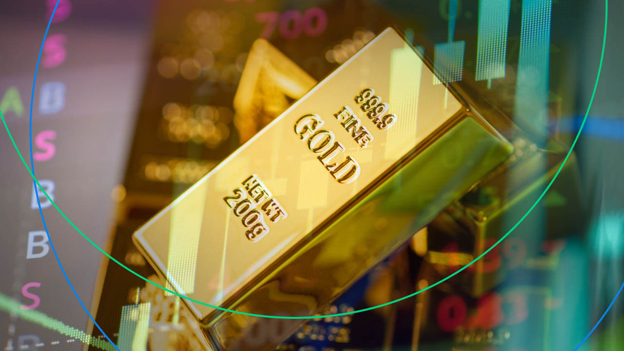A 200g gold bar with '999.9 Fine Gold' engraving, overlaid on a financial market background with stock charts and trading data, symbolizing key factors influencing gold prices.