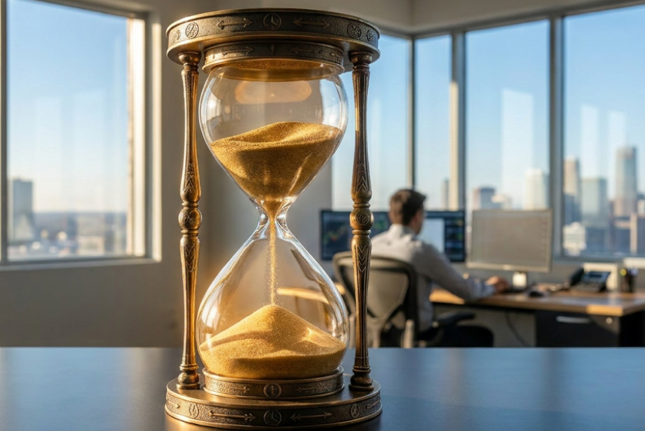 Golden hourglass representing the best hours for forex day trading, with a trader working in a modern office overlooking a city skyline.