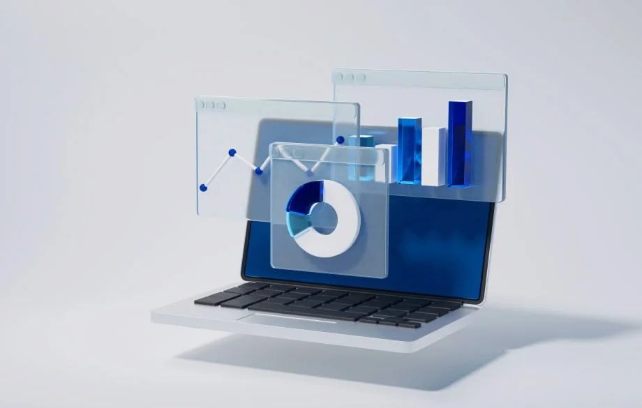 3D illustration of a laptop with floating transparent charts showing line, pie, and bar graphs in blue tones, symbolizing market analysis and data insights.