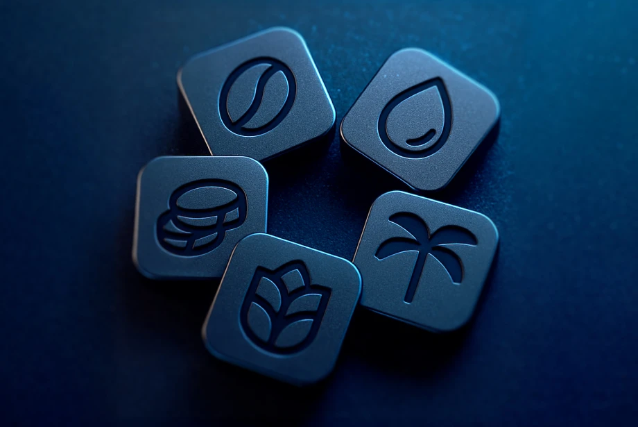 3D metallic icons representing key commodities such as coffee, oil, coins, wheat, and palm on a dark blue surface
