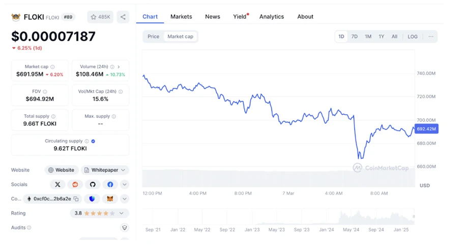 Floki Inu (FLOKI) price chart and market data showing a $691.95 million market cap