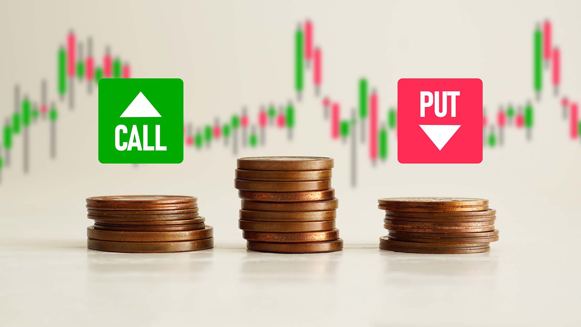 Visual representation of the Put/Call ratio, featuring graphical elements such as option contracts, call and put symbols, and a gauge or meter indicating market sentiment.