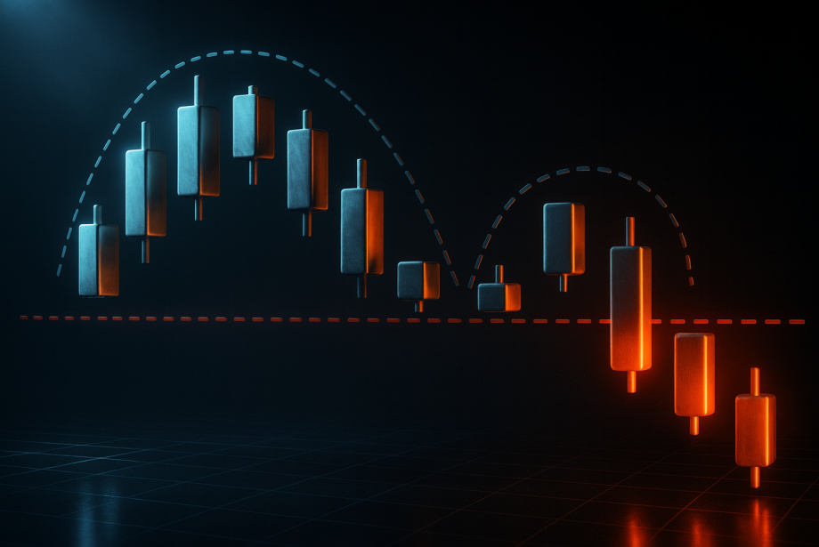 a stylized representation of candlestick patterns, with alternating colors of blue and orange to indicate the market's price movements.