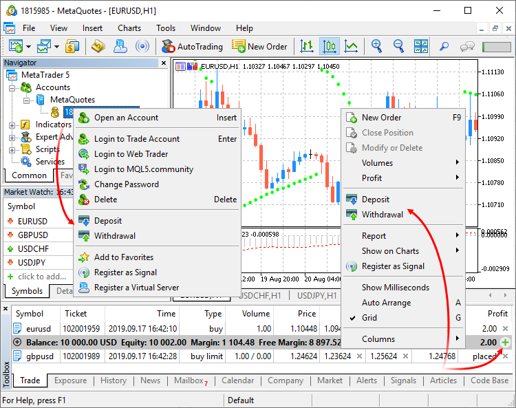 deposit dialog box in MetaTrader5