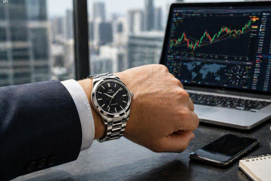 close-up of a trader's wristwatch with a financial chart displayed on a laptop screen, highlighting the connection between time and trading decisions