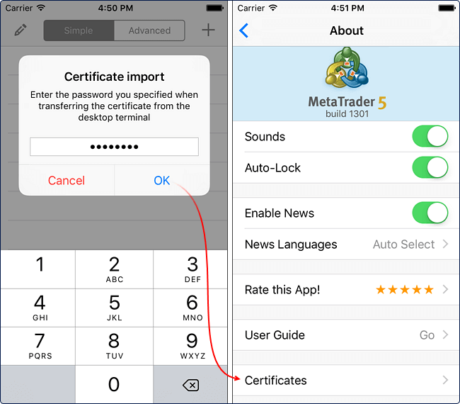 Left Side of the Image: 'Certificate Import' Screen & Right Side of the Image: 'About' Section of MetaTrader 5
