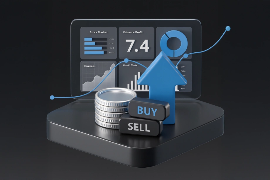 3D illustration of financial trading concept showing stock market charts, profit growth, blue upward arrow, stacked coins, and 'Buy' and 'Sell' buttons.