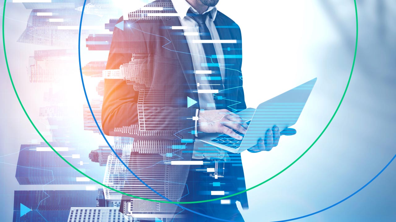 How to Find Out Which Forex Broker Is Legit, a businessman in a suit using a laptop, with overlaid digital charts