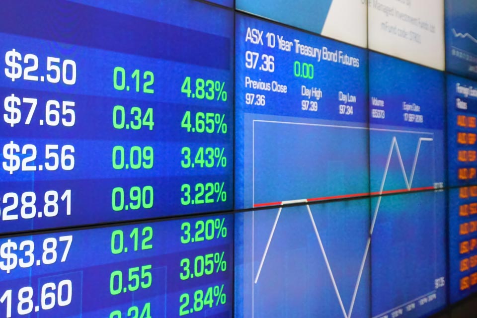 digital trading screen displaying stock prices, percentage changes