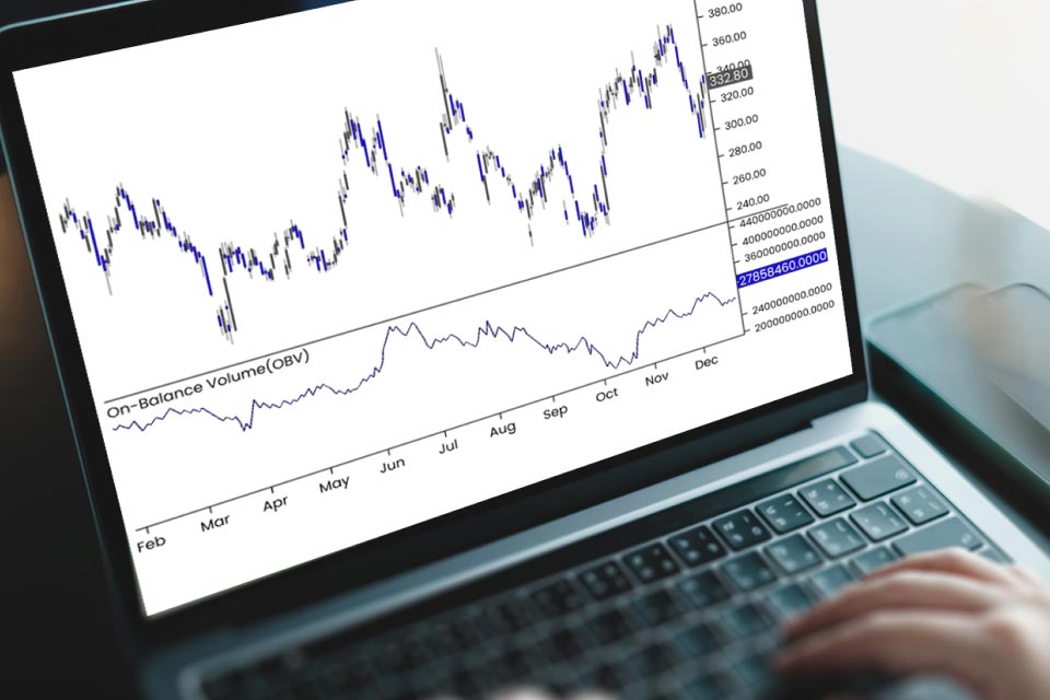 stock chart displayed on a laptop screen, showing price movements