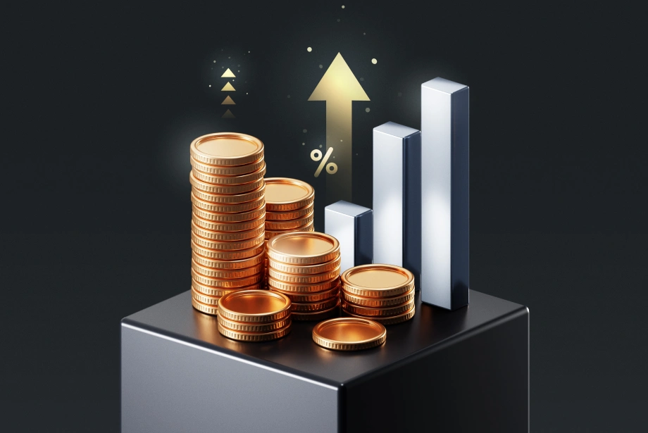 3D illustration of stacked gold coins and rising bar chart with upward arrow, symbolizing forex trading growth and trend stages