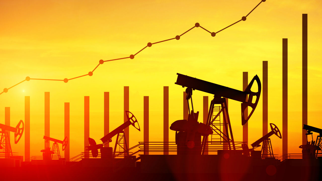 Silhouettes of oil pump jacks at sunset with an overlay of a rising bar and line graph, symbolizing increasing oil prices and production, illustrating the topic "How Oil Impacts The Canadian Dollar?"