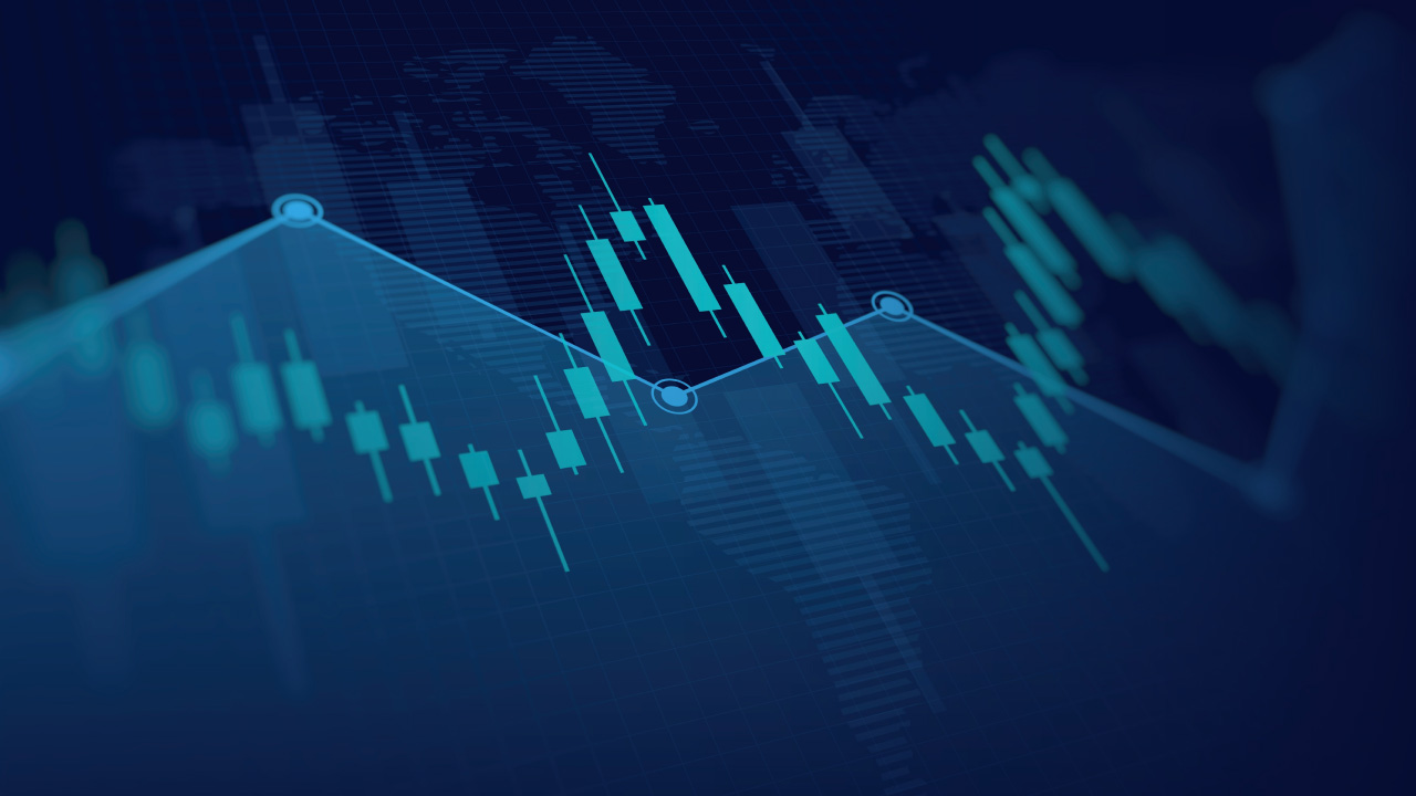 digital candlestick chart with green bars on a dark blue background