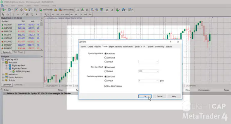 MetaTrader 4 platform showing the Options window where traders can enable One Click Trading