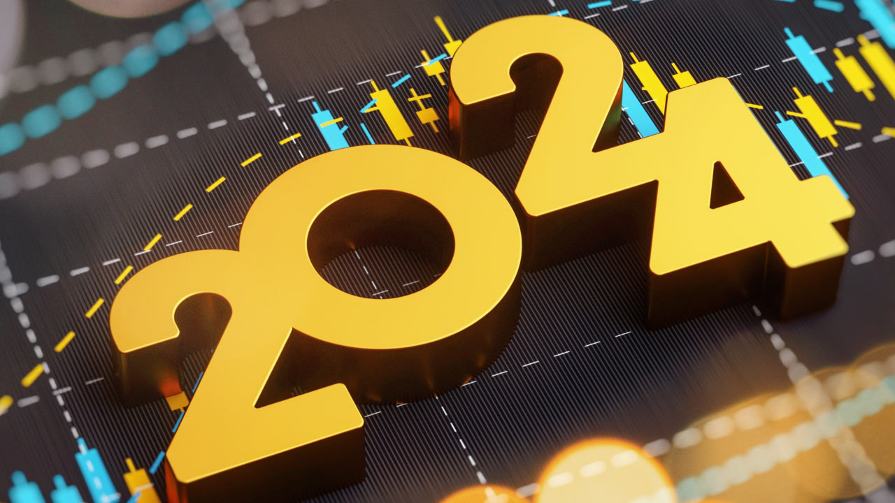 a 3D golden "2024" image displayed against a financial chart