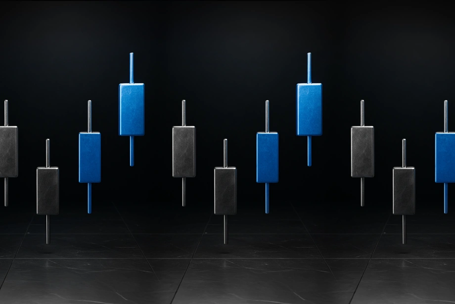 3D illustration of candlestick chart patterns with alternating blue and black candles on a dark background, representing a triple bottom candlestick trading strategy.