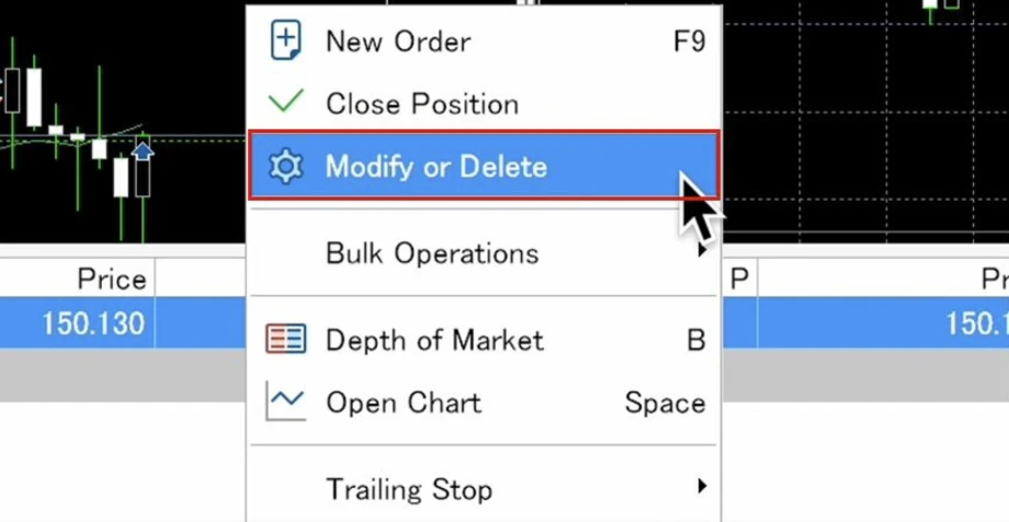 MetaTrader 5 context menu with the ‘Modify or Delete’ option highlighted, used to adjust stop-loss and take-profit levels on an existing trade.
