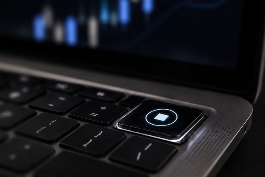 Close-up of a laptop keyboard with a glowing power button and a blurred trading chart on the screen.