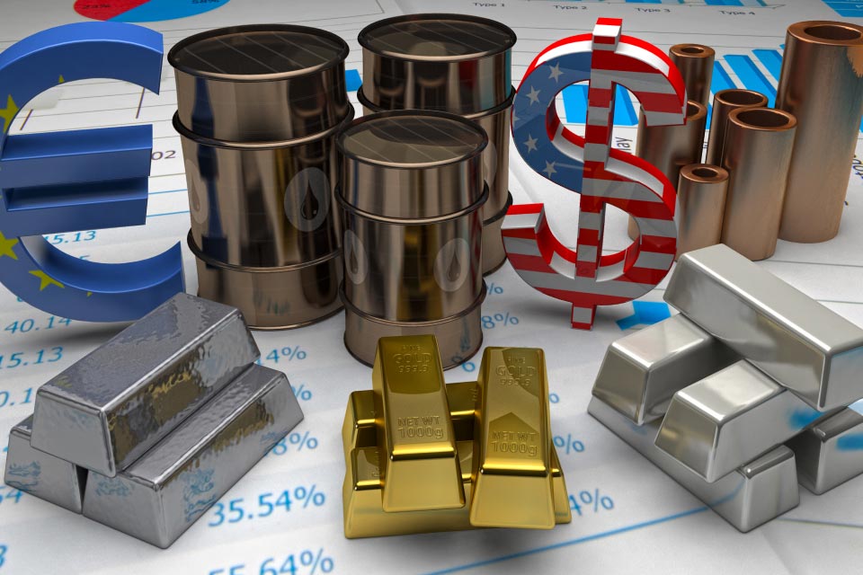 assorted commodities including barrels of oil, gold bars, silver bars, copper rolls