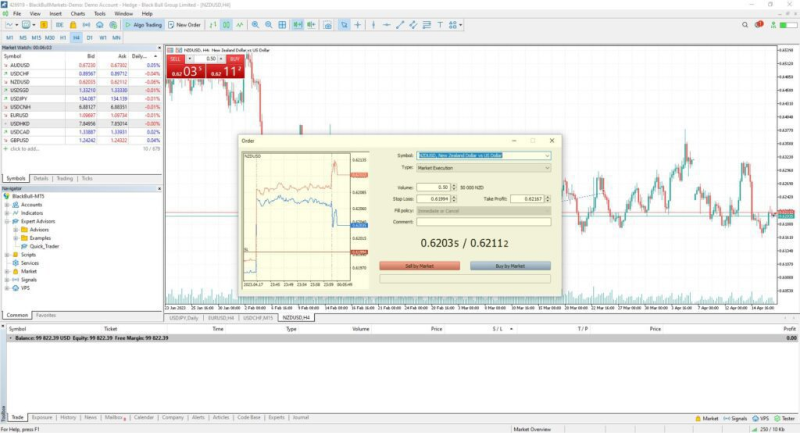 A screenshot of the MetaTrader trading platform displaying a candlestick chart, an order placement window, and market data.