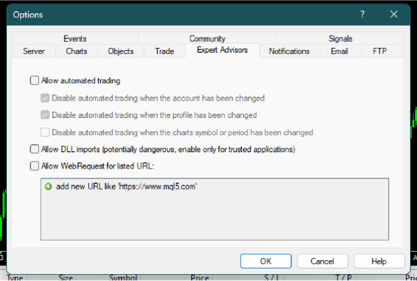 a screenshot of the "Options" window in a MetaTrader platform, specifically under the "Expert Advisors" tab