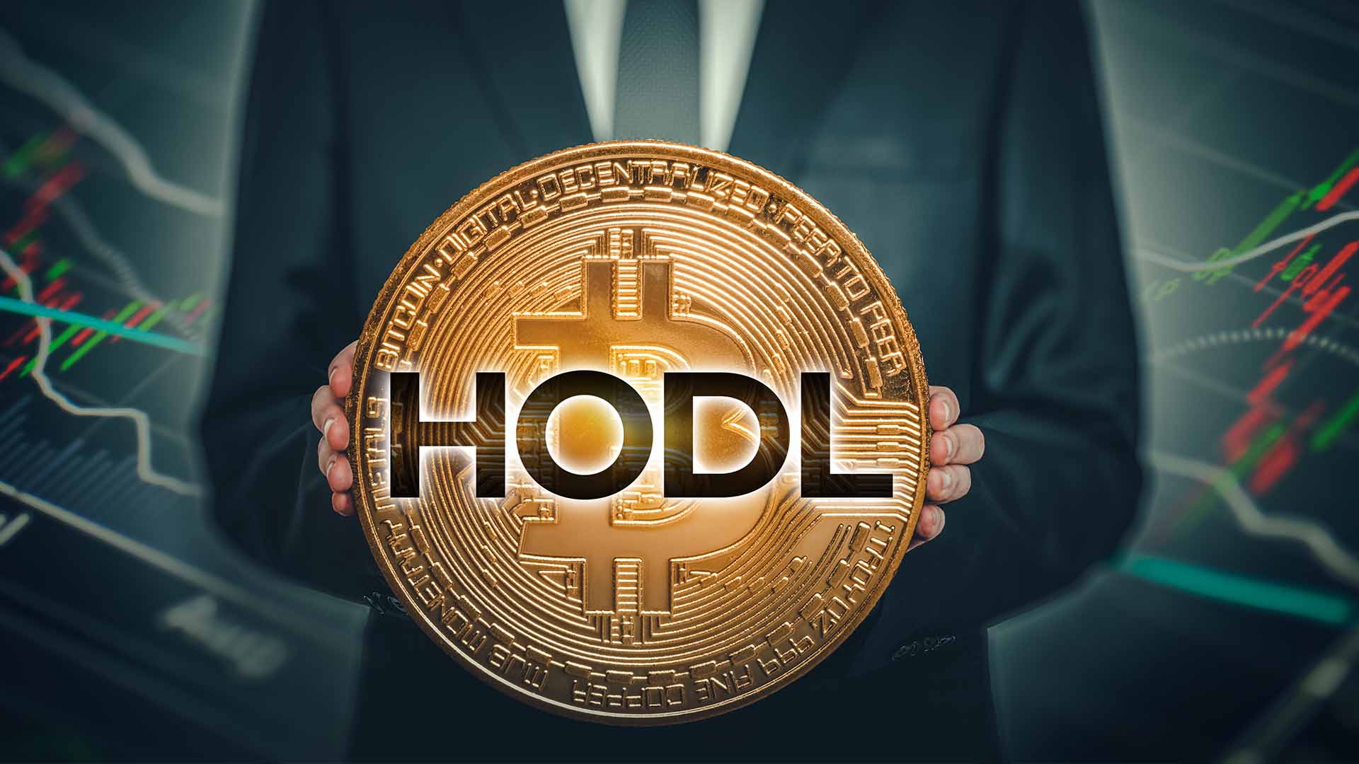 An image titled "How to Use HODLing: The Long-Term Crypto Strategy" showing the word HODL prominently in front of a man in a suit, representing the long-term crypto holding strategy.