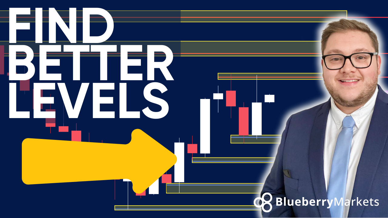 How To Find Better Forex Trading Levels, a Blueberry Markets promotional image with the text "Find Better Levels" over a candlestick trading chart.