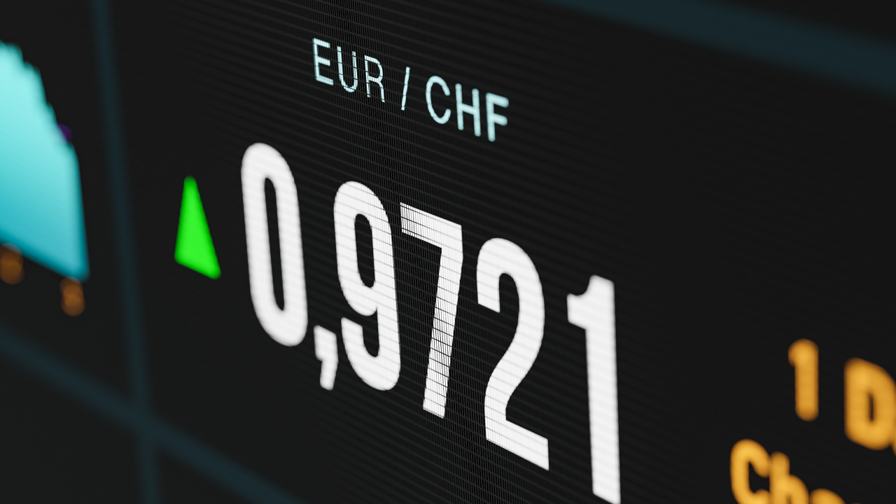A close-up digital display of the EUR/CHF (Euro/Swiss Franc) currency pair, illustrating "How to Trade the EUR/CHF."