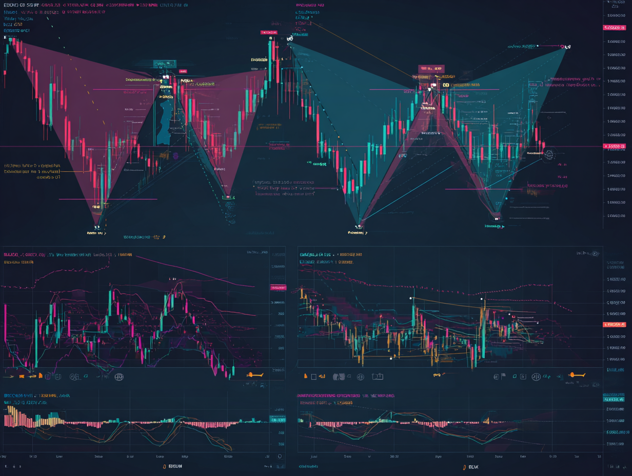 An annotated bullish pattern chart (EUR/USD) showing entry, stop, 1R and measured target, and a bearish pattern chart (GBP/USD) with similar labels.