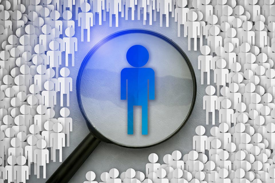 An image titled "Who Trades Forex?" showing a magnifying glass focusing on a single blue figure among a crowd of white figures, representing the diversity of forex traders.