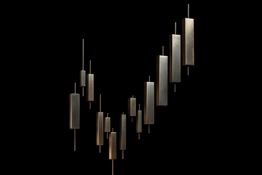 a stylized 3D arrangement of metallic candlestick chart bars forming a rising reversal pattern on a black background