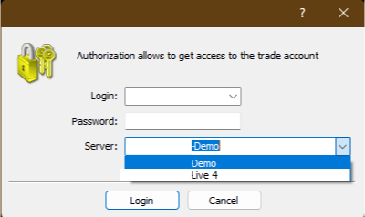 login window for trading account access, showing fields for login, password, and a dropdown menu to select between 'Demo' and 'Live' servers.
