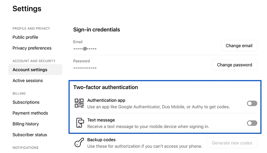 TradingView security settings page displayed after signing up for a new TradingView account, showing 2-factor authentication options: authentication app, SMS verification, and backup codes.