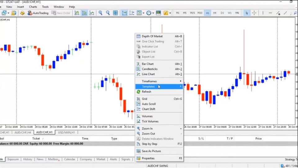 interface of MetTrader displaying how to customize a chart