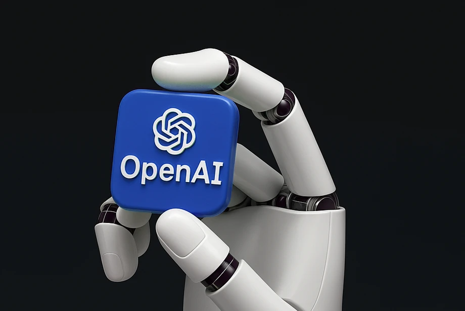 a robotic hand holding a blue cube with the OpenAI logo on it,