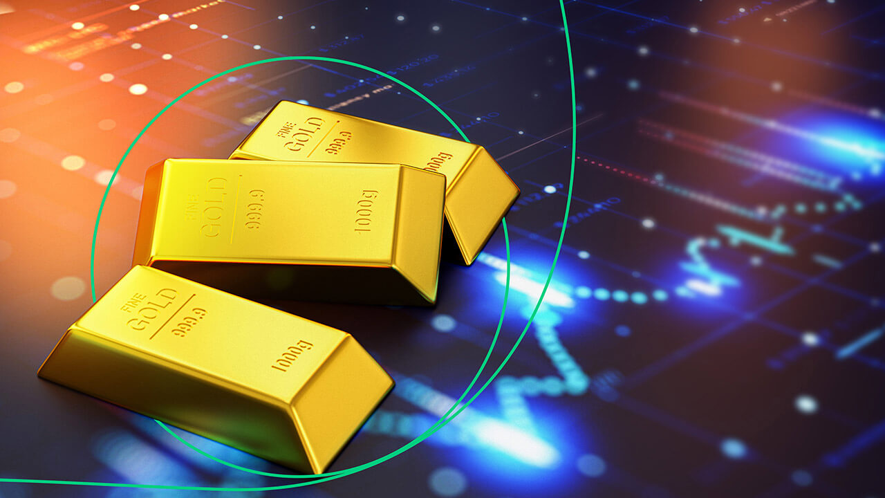 Gold bars stacked on a glowing digital chart background, illustrating "How to Start Day Trading Gold."