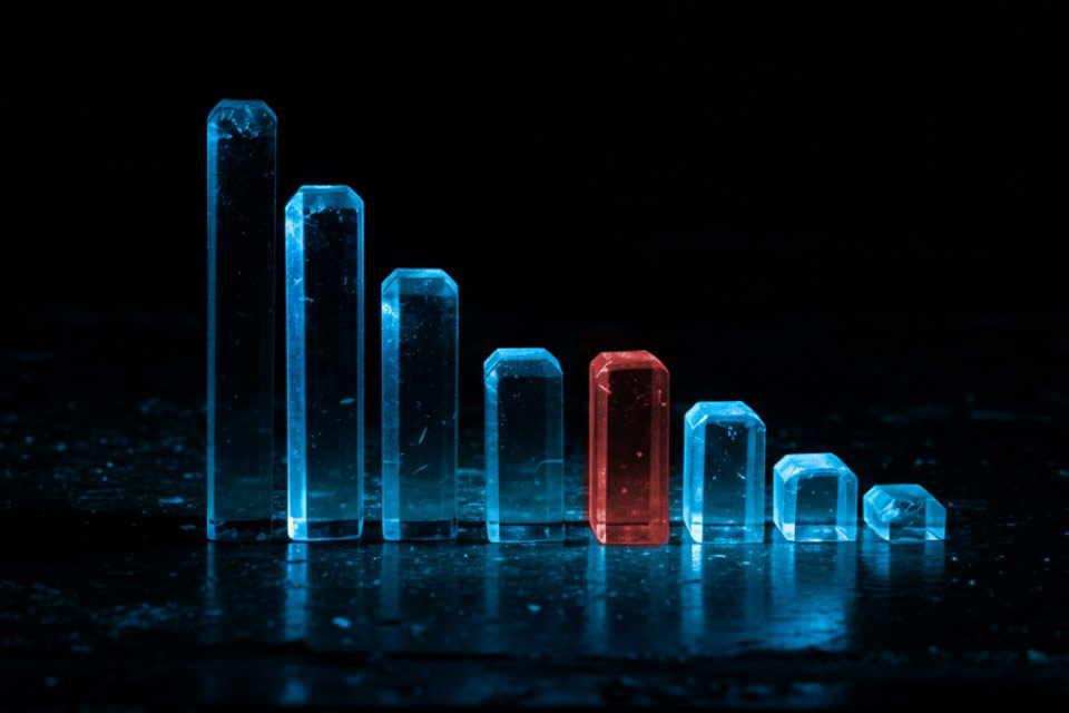 A futuristic descending bar chart with one highlighted red bar, illustrating "How to Avoid Being Influenced by Recency Bias."