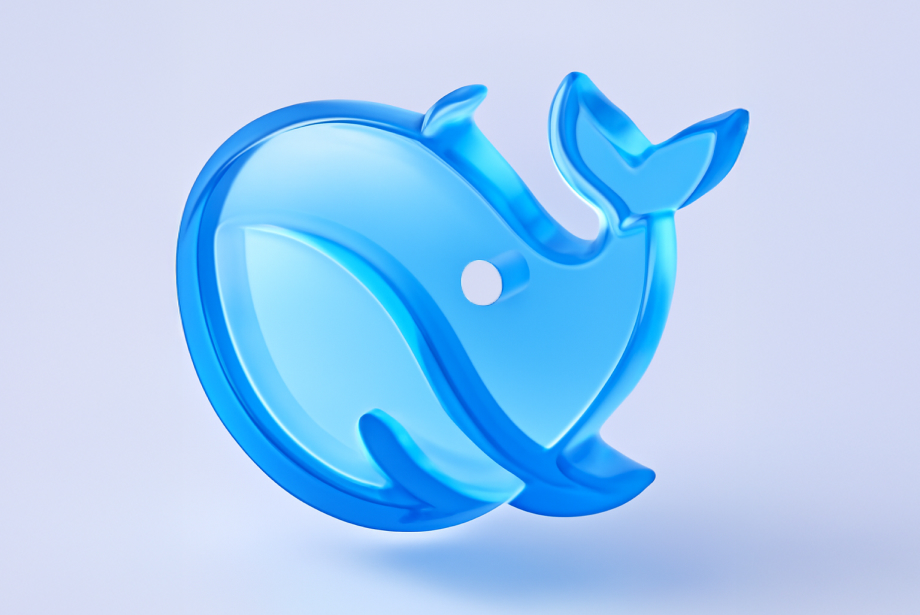 The image shows a **blue, stylized whale** with a sleek, minimalist design on a light pastel background.