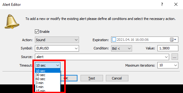 'Alert Editor' window from a trading platform.