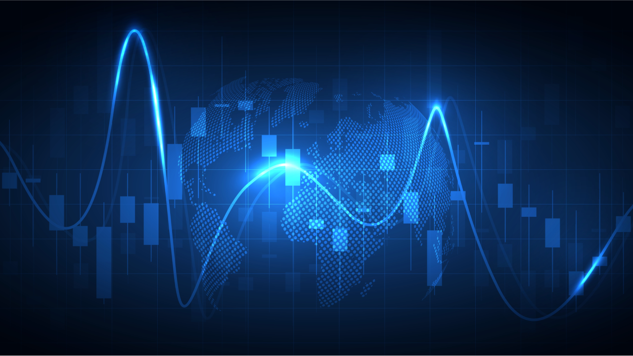 a digital representation of a global financial market with a glowing blue line graph 