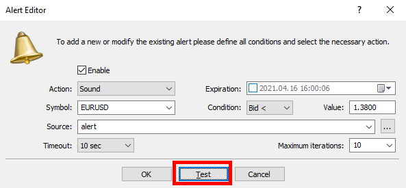 view of the 'Alert Editor' window from a trading platform.